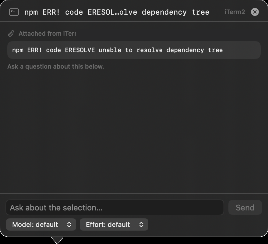 TermChat's floating chat bubble open next to highlighted text in iTerm2, with model and reasoning-effort pickers in the footer.